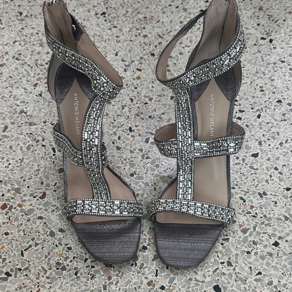 Antonio Melani silver rhinestone embellished heels open toe 8.5 formal cocktail - Picture 1 of 7